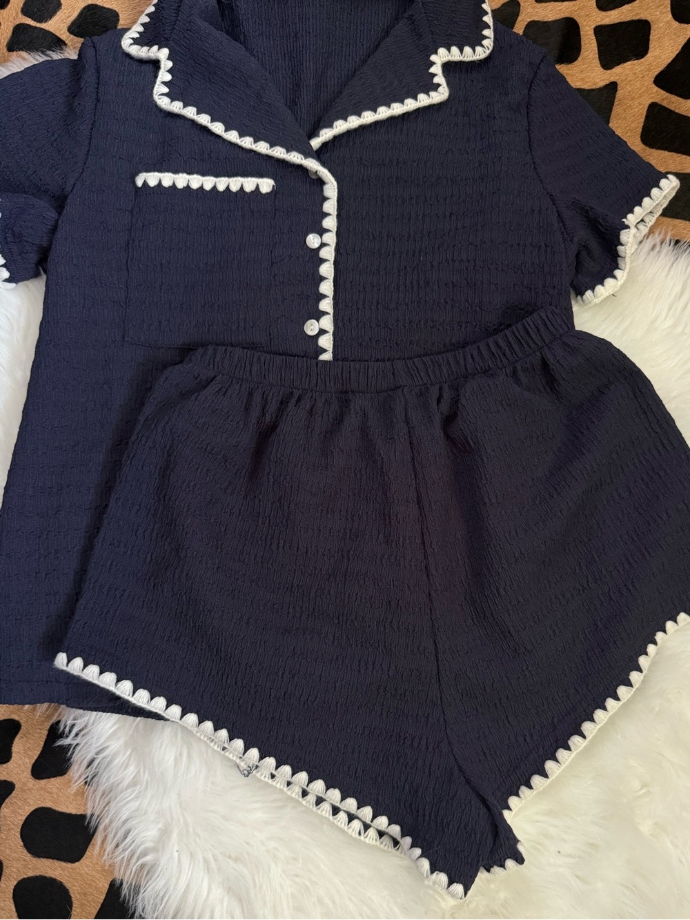 Navy Cropped Pajama Set with White Scallop Trim